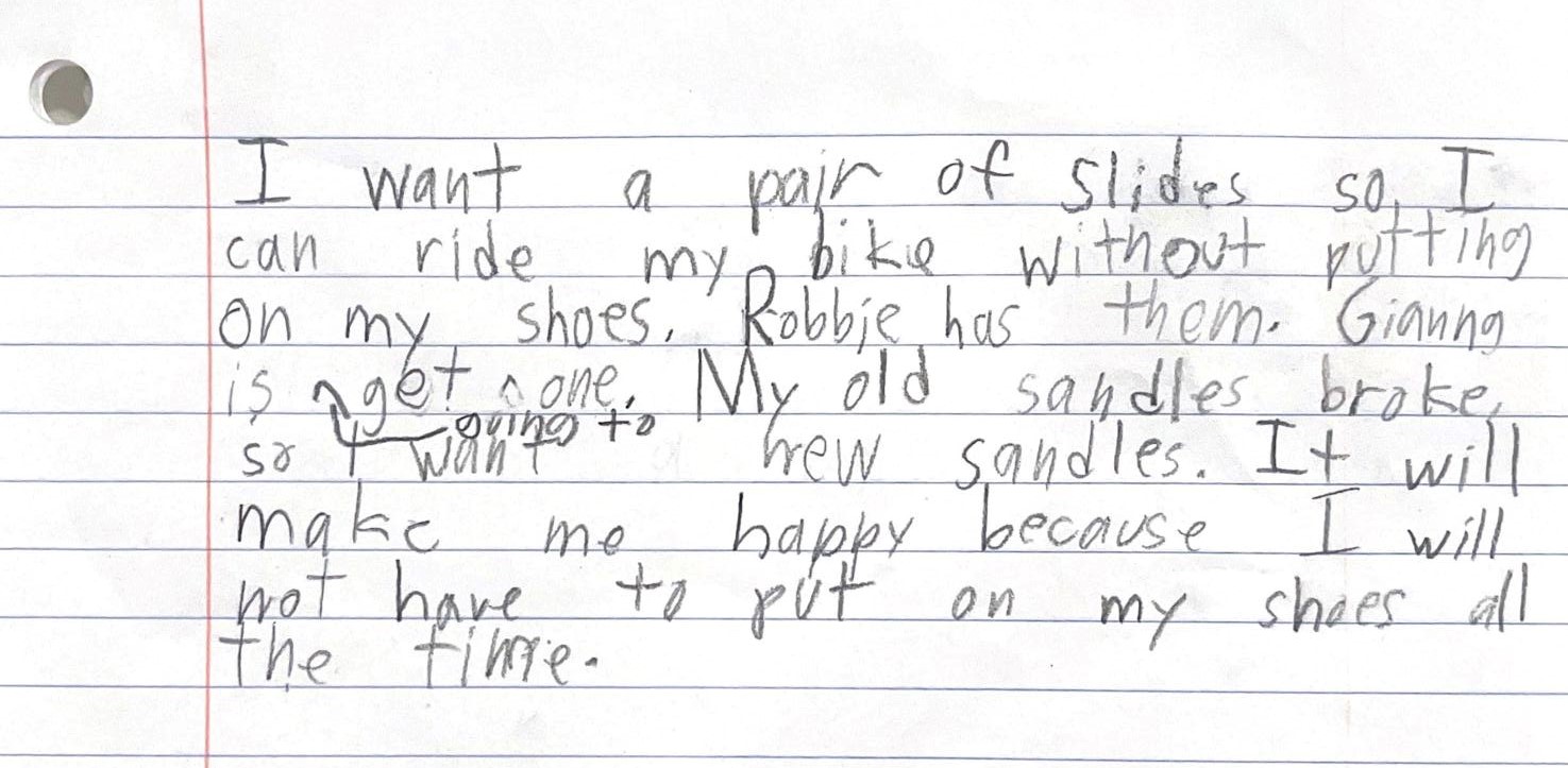 letter written by child about why he should be allowed to purchase sandals